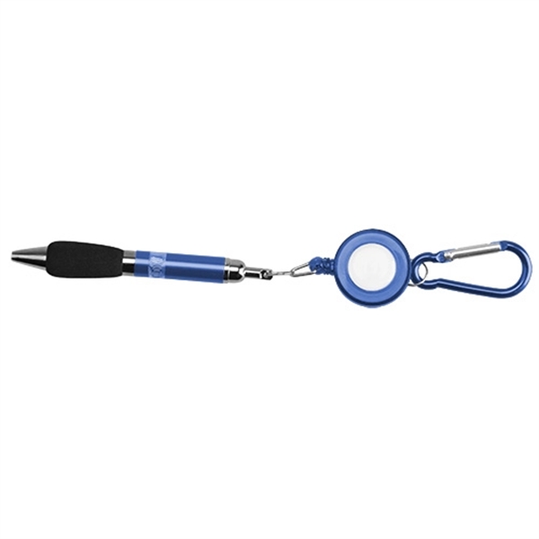 Round Retractable Badge Holder with Carabiner and Pen - Image 2
