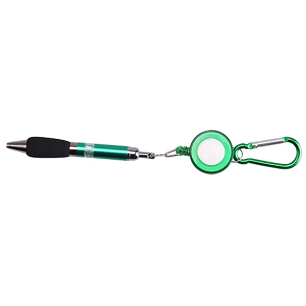 Round Retractable Badge Holder with Carabiner and Pen - Image 3