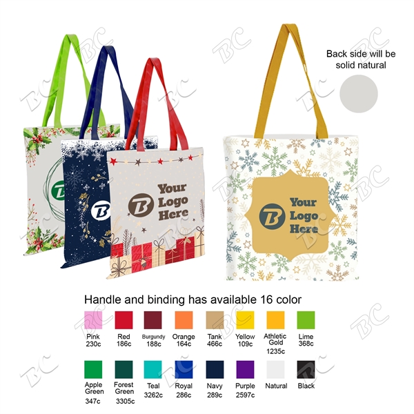 One side Holiday Design 5oz Cotton Color Accent Handle Tote - Image 1