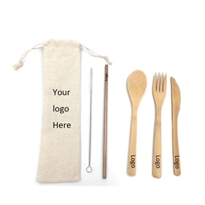 Stainless Steel Straw with Bamboo Utensil Set into Jute Bag