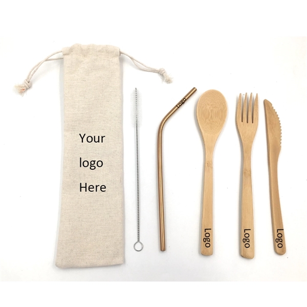Stainless Steel Straw with Bamboo Utensil Set into Jute Bag - Image 1
