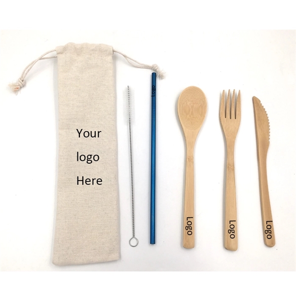 Stainless Steel Straw with Bamboo Utensil Set into Jute Bag