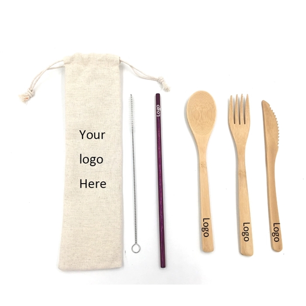 Stainless Steel Straw with Bamboo Utensil Set into Jute Bag - Image 1