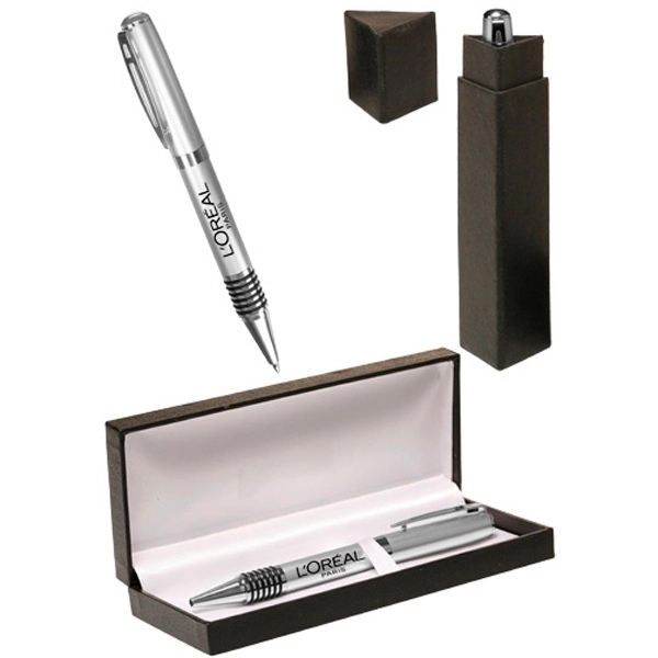 Ribbed Ribber Grip Silver Executive Pen Gift Set - Image 1