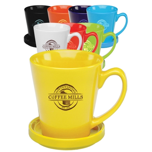 12 oz. Glossy Ceramic Latte Mugs with Ceramic Coasters - Image 1
