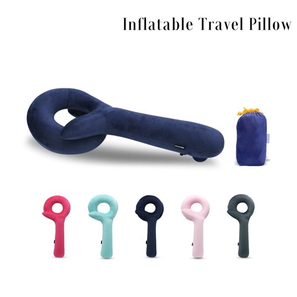 Q Shape Soft Velvet Inflatable Neck Pillow with Packsack - Image 1