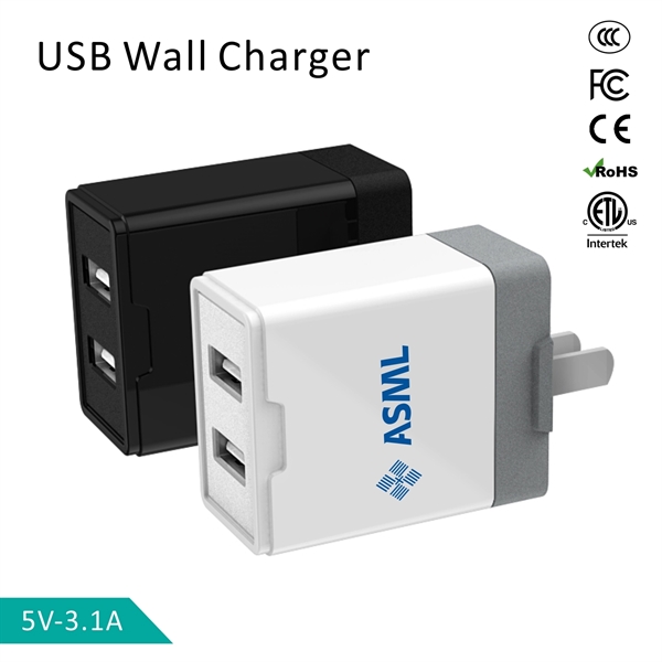 3.1A Dual Port USB Wall Charger Adapter, AC Adapter, Travel
