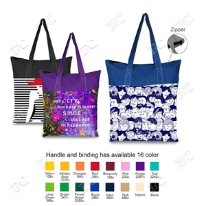 Two-Tone Full Color Cotton Tote Bag with zip top 15"x15"x3.2