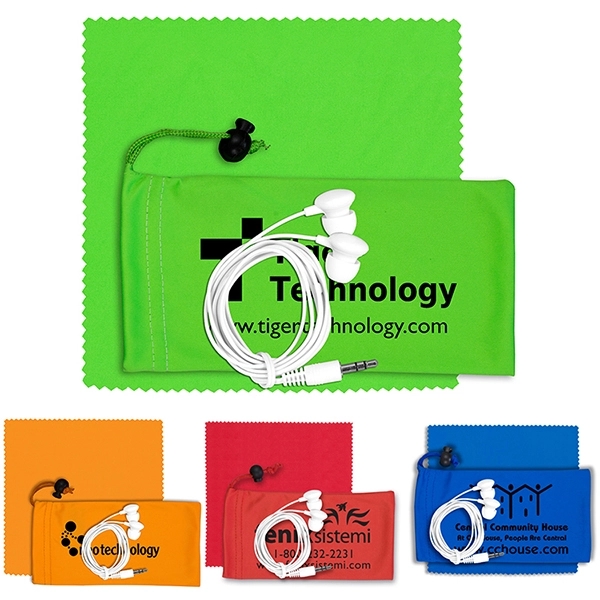 Mobile Tech Earbud Kit with Microfiber Cloth in Cinch Pouch - Image 1
