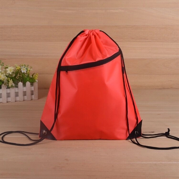 210D Polyester Drawstring Sport Backpack - with Front Zipper - Image 3