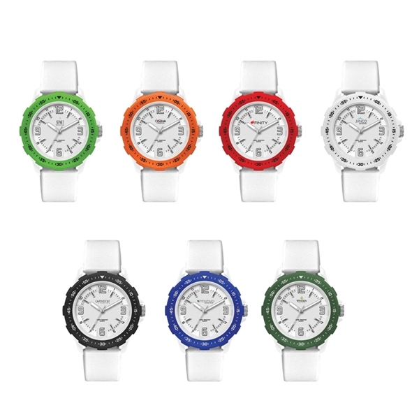 Unisex Sport Watch Colored Bezel with White Silicone Strap - Image 2