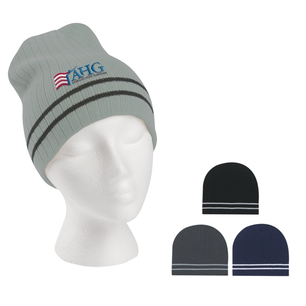Ribbed Knit Beanie with Double Stripe - Image 1