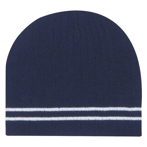 Ribbed Knit Beanie with Double Stripe - Image 5