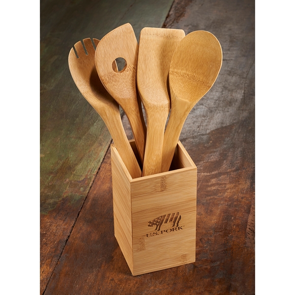 Bamboo 4-piece Kitchen Tool Set and Canister - Image 3