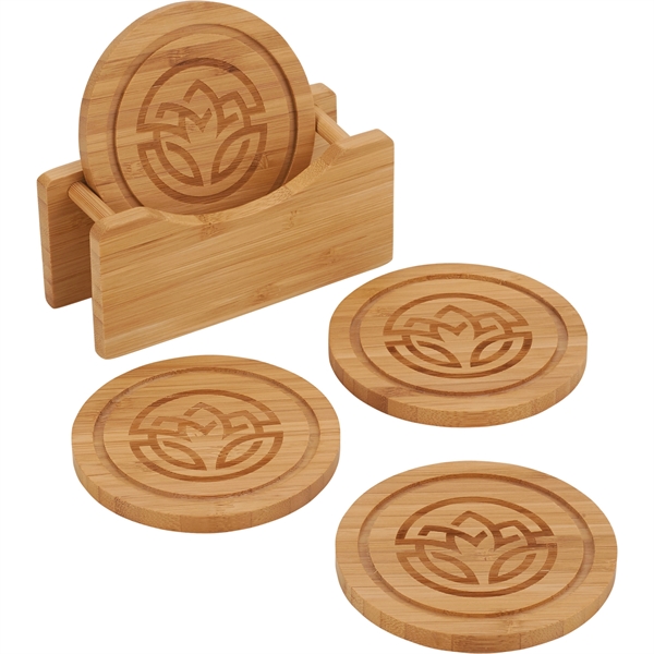 Round Bamboo Coaster Set with Holder - Image 2