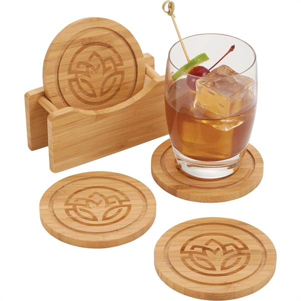 Round Bamboo Coaster Set with Holder - Image 4