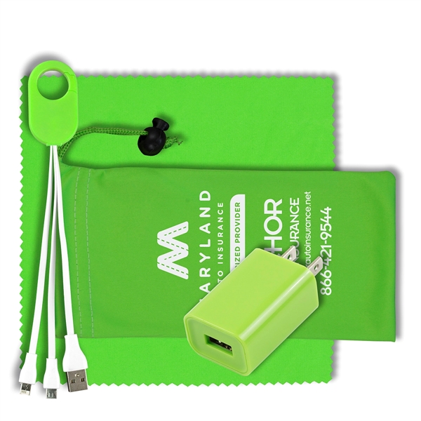 Mobile Tech Wall Charging Kit in Microfiber Cinch Pouch - Image 3