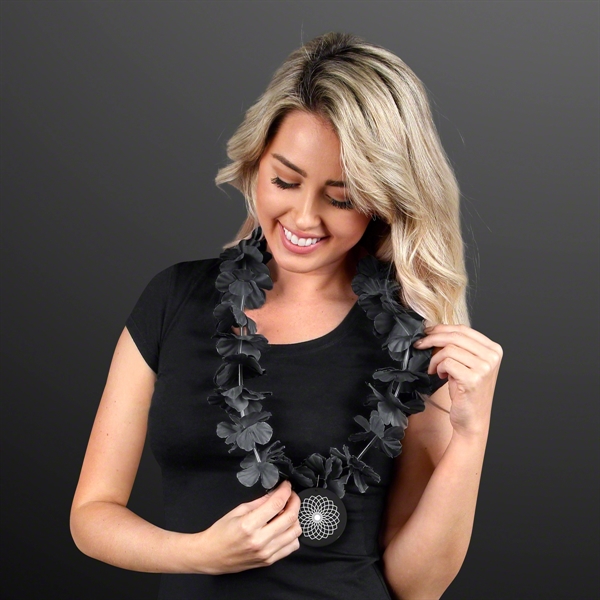 Black Flower Lei Necklace with Medallion (Non-Light Up) - Image 2