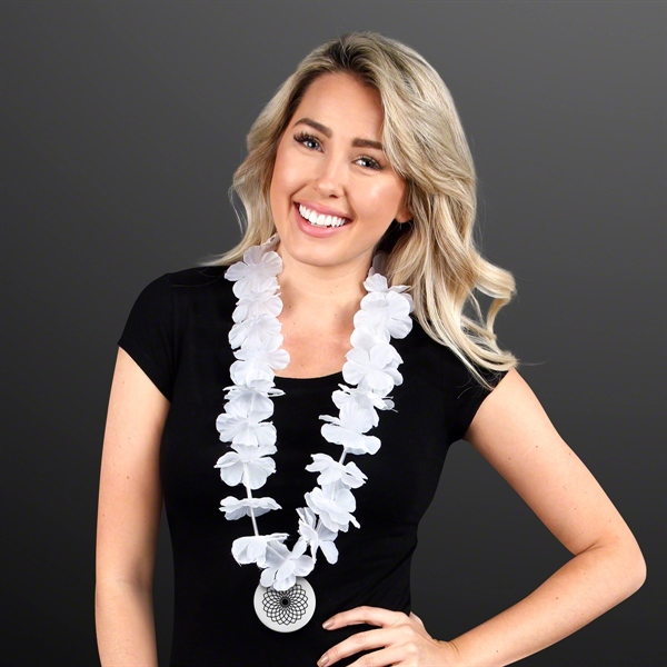 White Flower Lei Necklace with Medallion (Non-Light Up) - Image 2