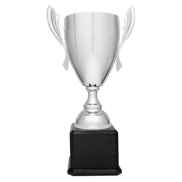 Large Silver Metal Trophy Cup on Black Piano Base