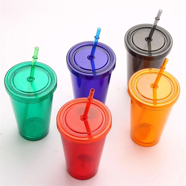 16 OZ Plastic Double-walled Tumbler With Lid And Straw - Image 1