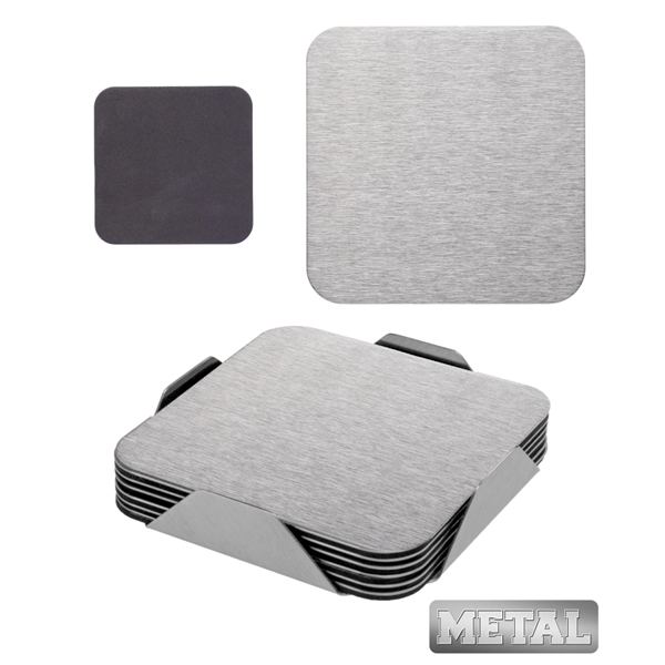 6 Piece Square stainless steel Coaster Set w/Stand - Image 3