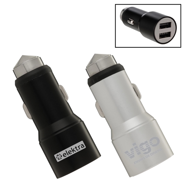 Aluminum Dual USB Car Charger Adapter w/Emergency Hammer - Image 1