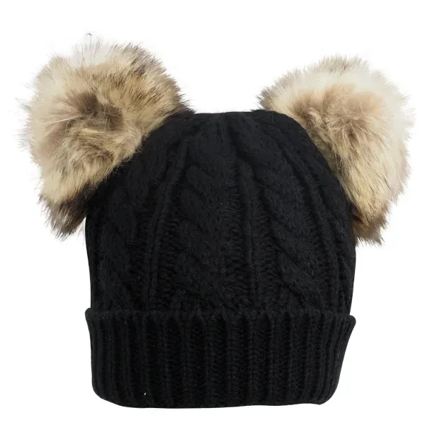 Cable Knit Beanie With Fur Pom Ears - Image 2
