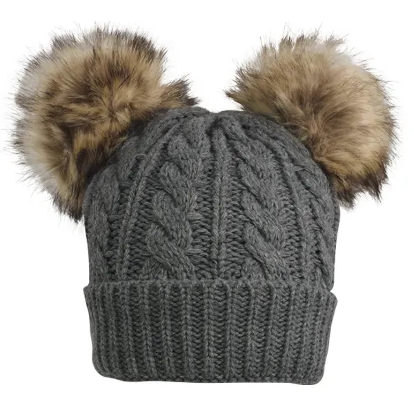 Cable Knit Beanie With Fur Pom Ears - Image 3
