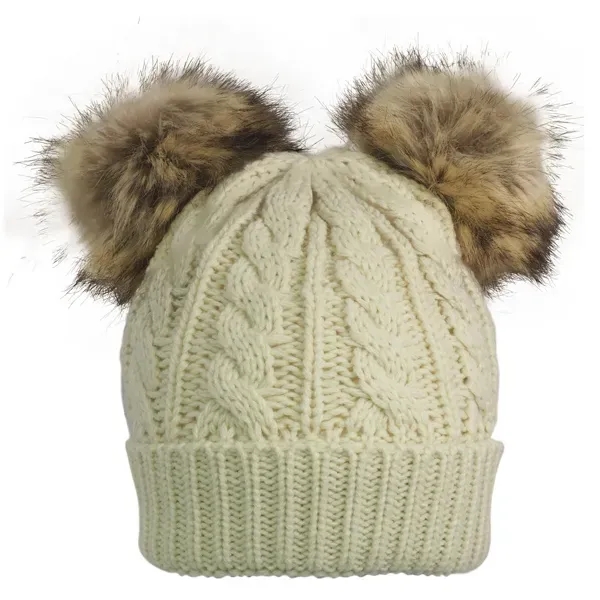 Cable Knit Beanie With Fur Pom Ears - Image 4