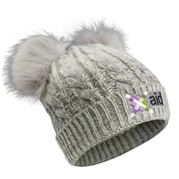 Cable Knit Beanie With Fur Pom Ears - Image 1