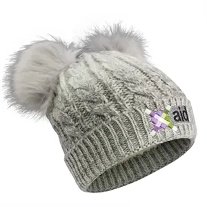 Cable Knit Beanie With Fur Pom Ears