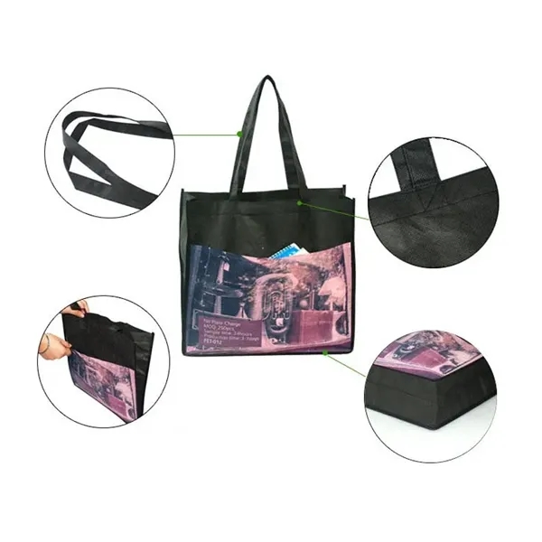 Sublimated full color non-woven tote bags front pocket bag - Image 6