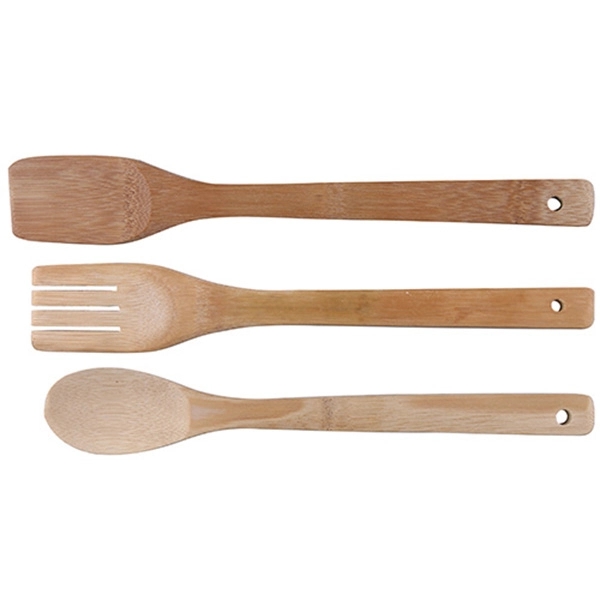 3pcs Kitchen Tool Set- Bamboo Wood Spoon, Spork, & Spatula - Image 2