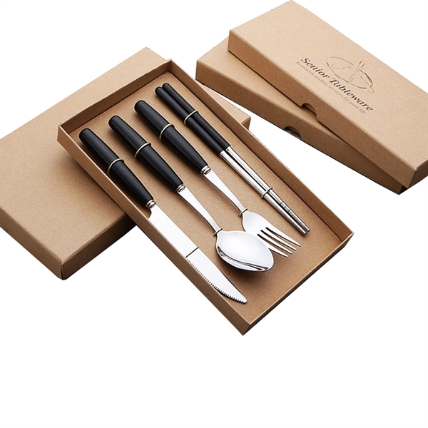 4 PCS Black Wood Handle Knife Spoon And Fork Set