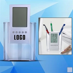 Transparent Pen Holder w/ Digital Clock