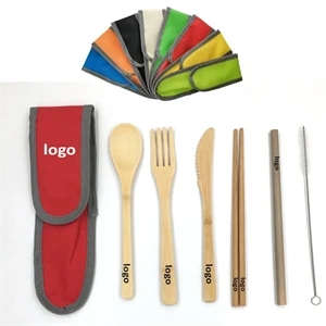 Bamboo Utensil Set with Straw into Travel Bag Set of 6