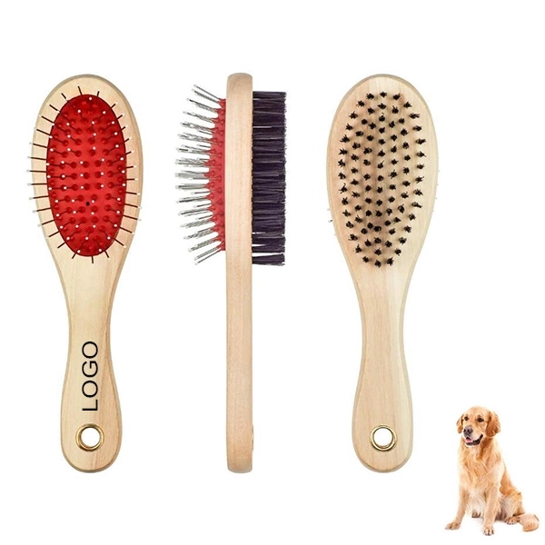 Double-Sided Pet Grooming Brush with Wooden Handle - Image 1