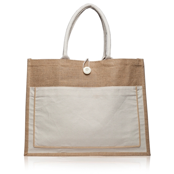 Two Tone Jute Tote Bag w/ Front Pocket & Colored Handles - Image 3