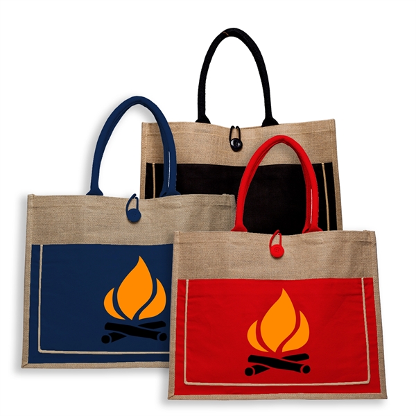 Two Tone Jute Tote Bag w/ Front Pocket & Colored Handles - Image 1