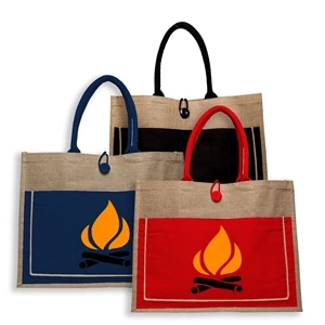 Two Tone Jute Tote Bag w/ Front Pocket & Colored Handles