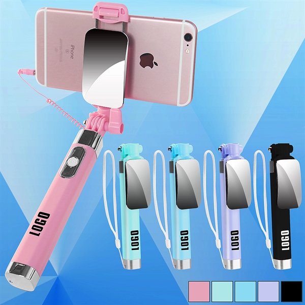 Foldable Wired Selfie Stick w/ Mirror and Lanyard - Image 1