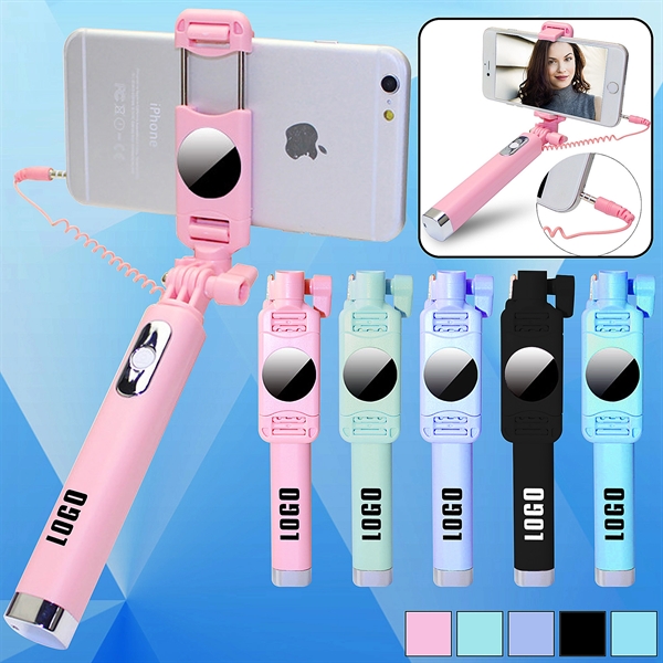 Foldable Wired Selfie Stick w/ Mirror - Image 1