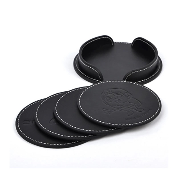 4 Pieces Round Leatherette Coaster Set - Image 2