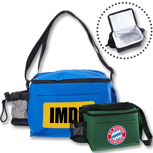 Polyester Insulated Lunch bag w/ Mesh Bottle Pocket & Strap