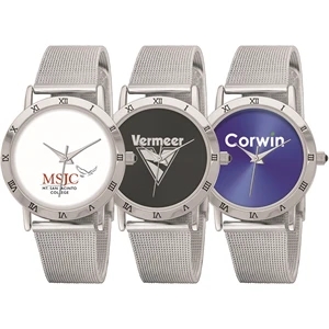 Unisex silver case watch with mesh band