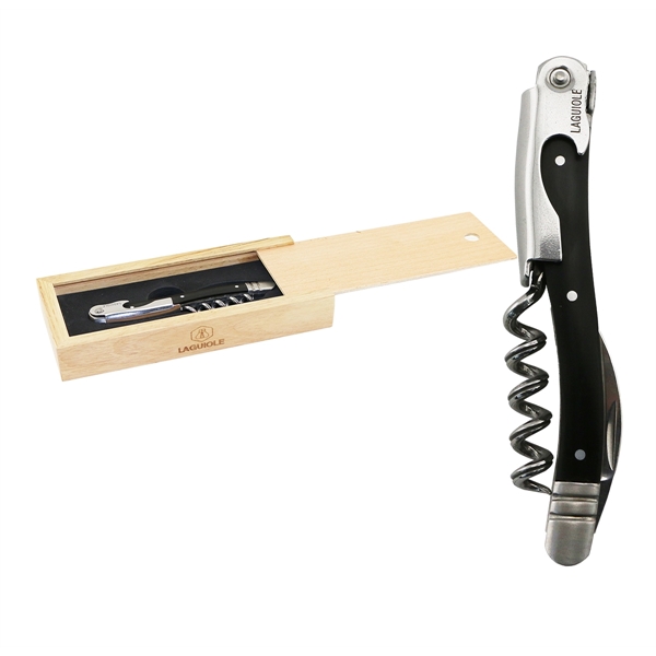 Laguiole Corkscrew, Black Horn Handle - Slide Wood Box Set