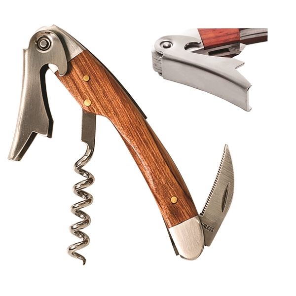 Straight Stainless Steel Corkscrew With Brown Wood Inset - Image 2