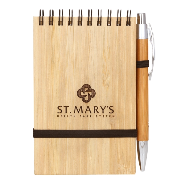 Bamboo Wire-Bound Notepad With Pen - Image 1