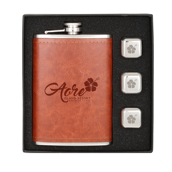 Leatherette Wrapped Flask & Whiskey Cubes - Image 3